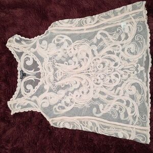 Express Lace Overlay Sleeveless Top - Cream and Gray
